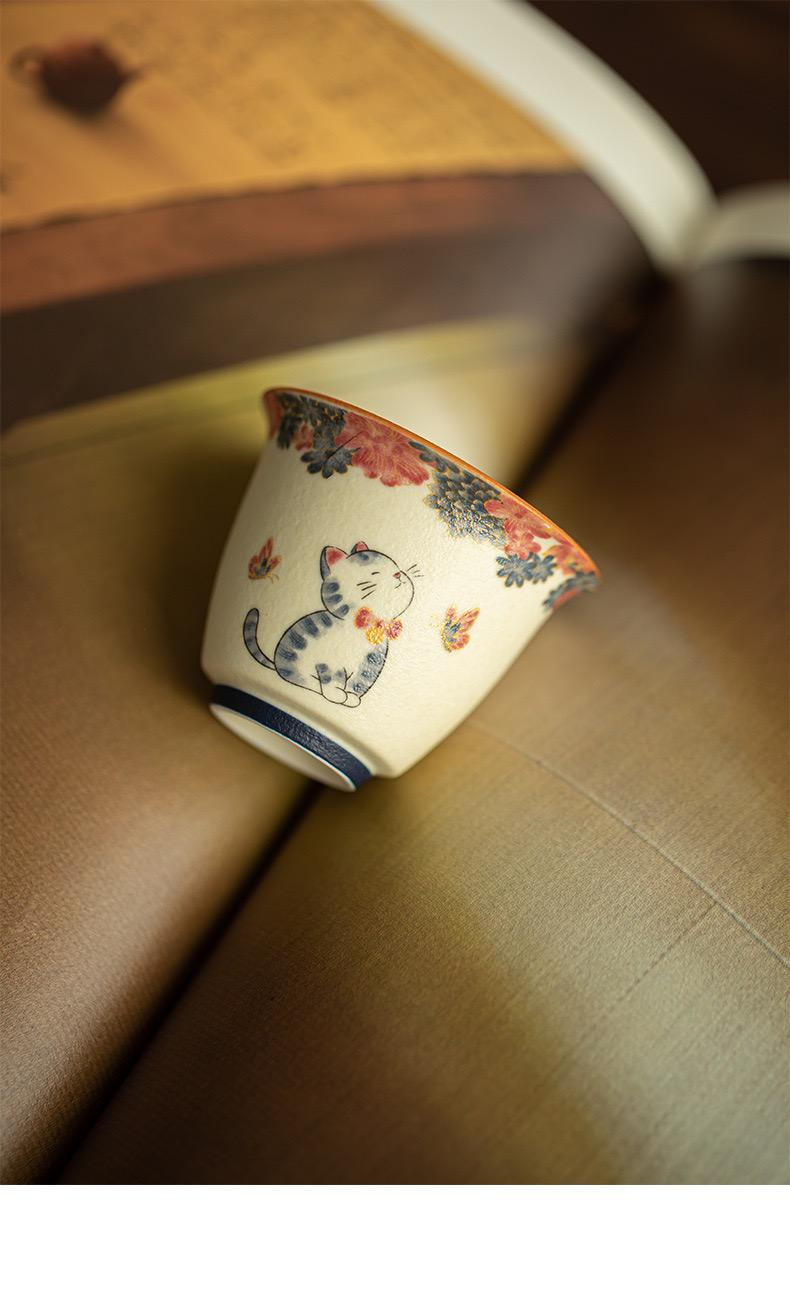 Playful Cat Floral Ceramic Teacup - Image 3