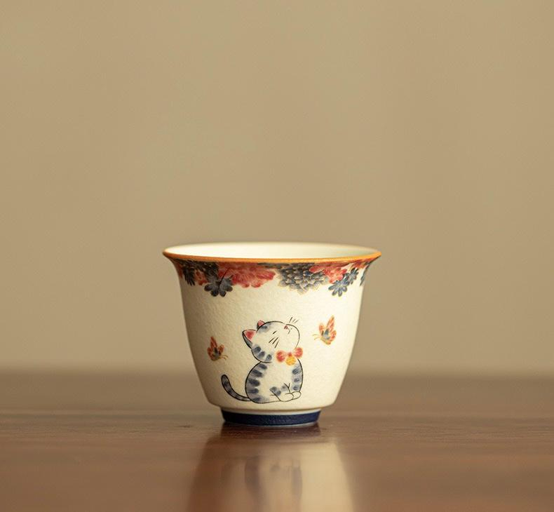 Playful Cat Floral Ceramic Teacup - Image 4