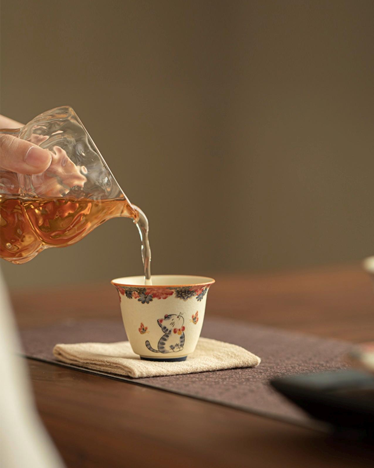 Playful Cat Floral Ceramic Teacup