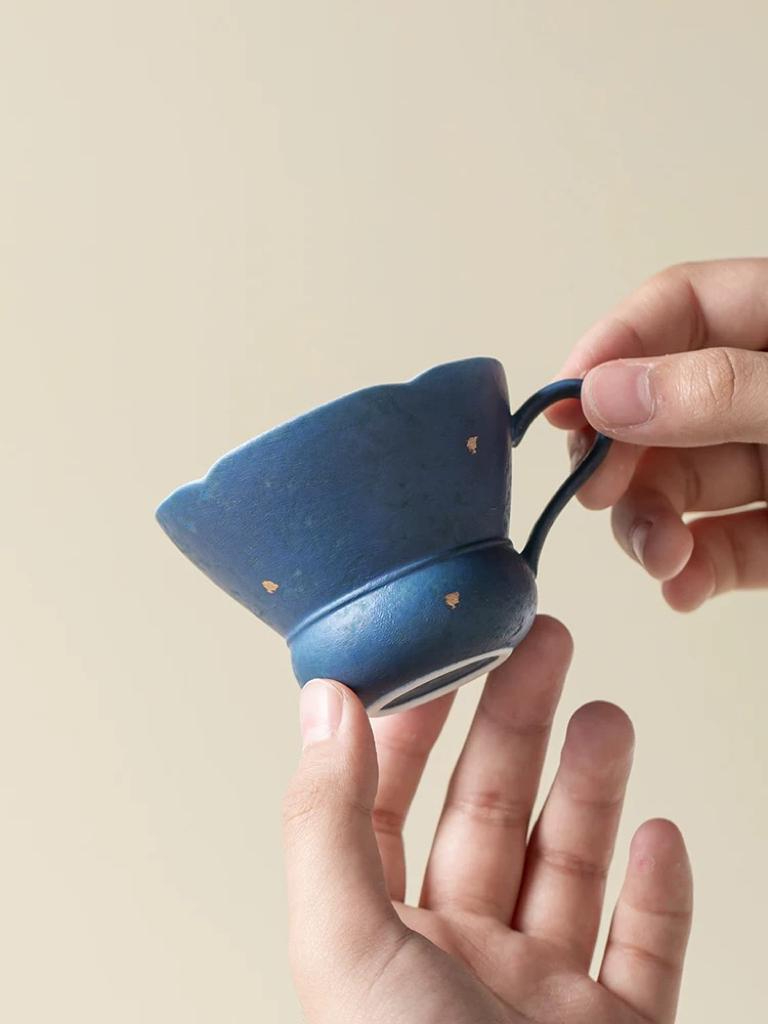 Midnight Blue Petal Rim Tea Cup with Handle