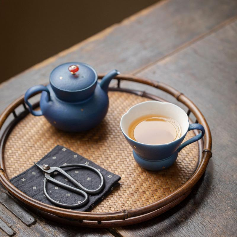 Midnight Blue Petal Rim Tea Cup with Handle - Image 4