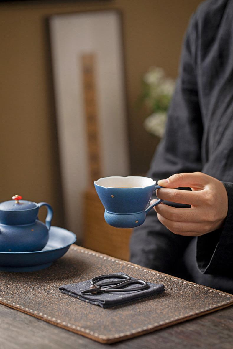 Midnight Blue Petal Rim Tea Cup with Handle - Image 6