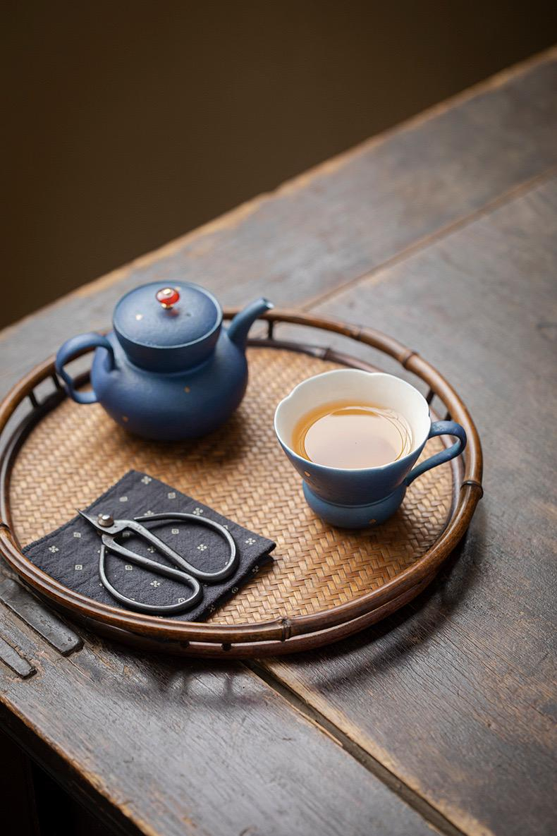 Midnight Blue Petal Rim Tea Cup with Handle - Image 5