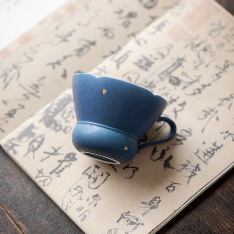 Midnight Blue Petal Rim Tea Cup with Handle - Image 2