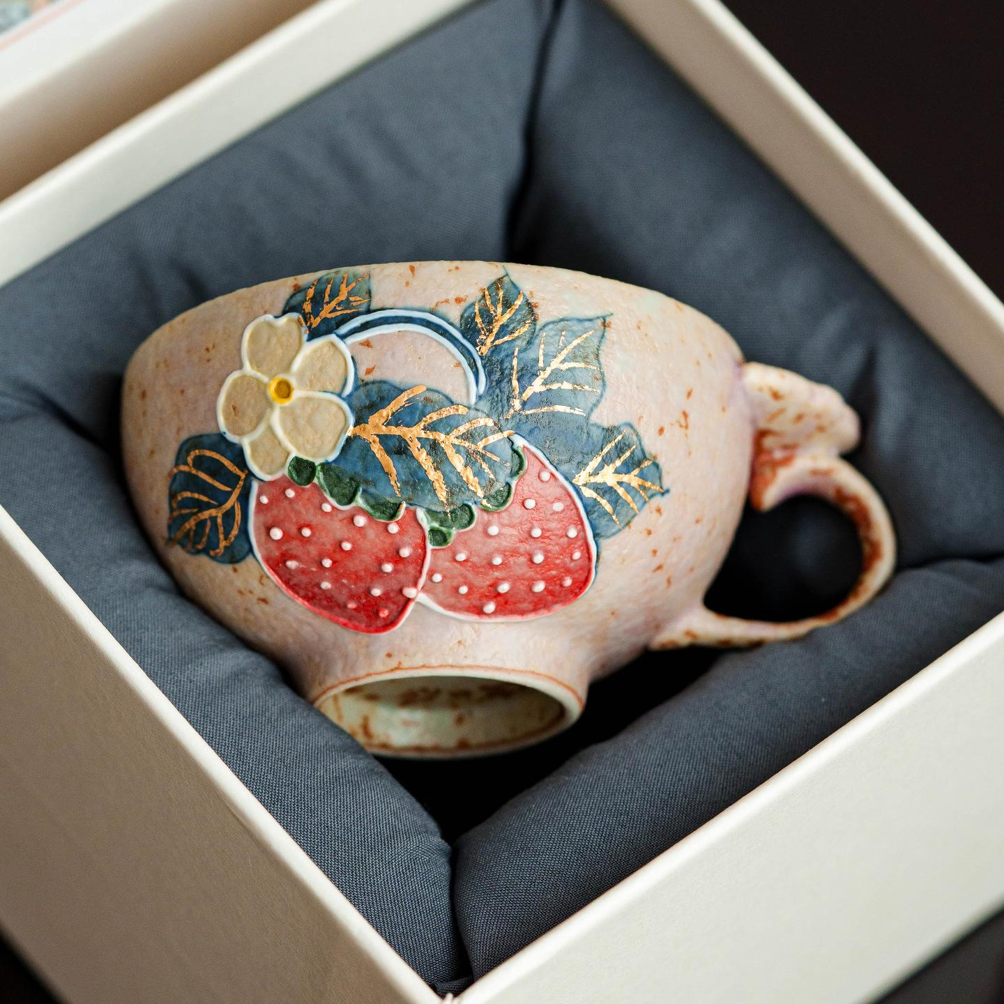 Strawberry Bloom Mini Ceramic Tea Cup with Handle - Image 2