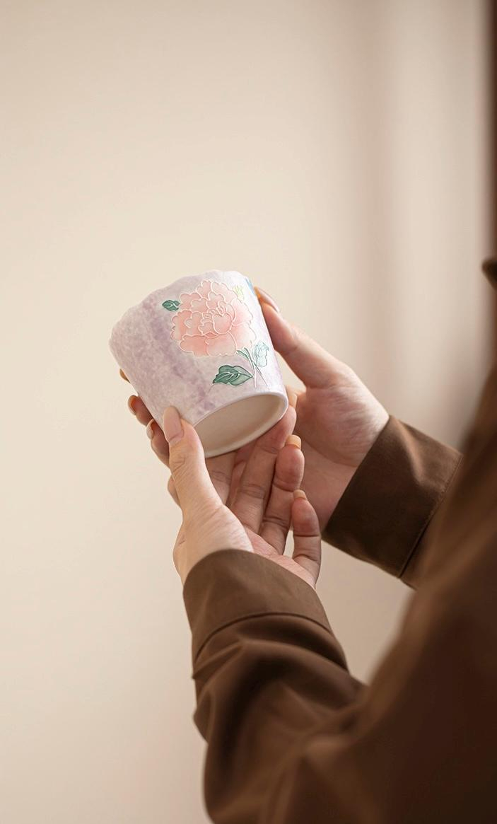 Pastel Peony Ceramic Tea Cup with Butterfly Detail