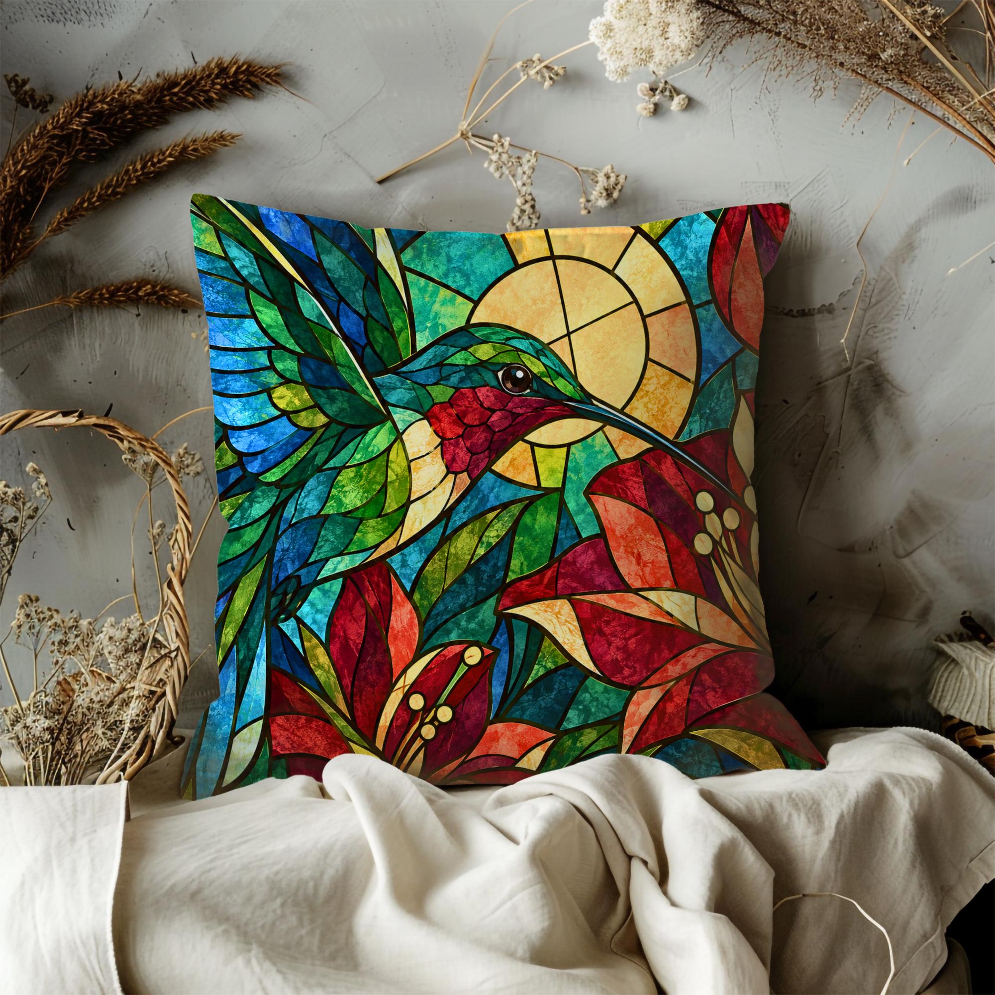 Sunlit Hummingbird Stained Glass Pillow Cover - Image 2