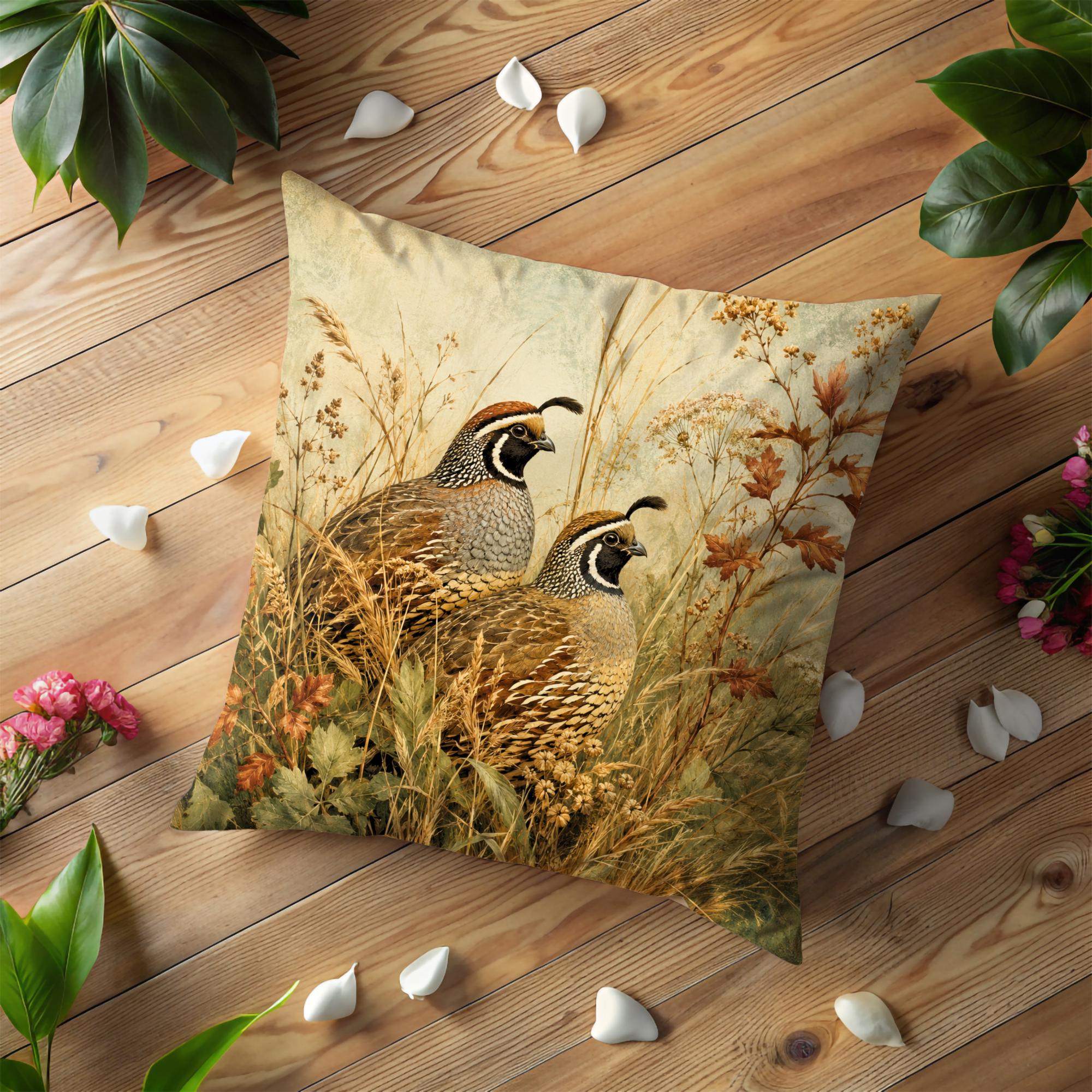 Two Crested Quail in Golden Meadow Pillow Cover