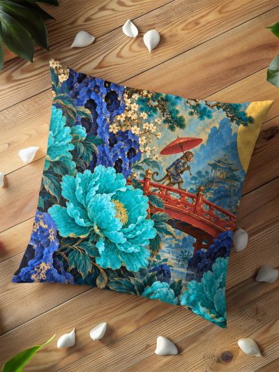 Blue Peony Garden and Red Bridge Pillow Cover
