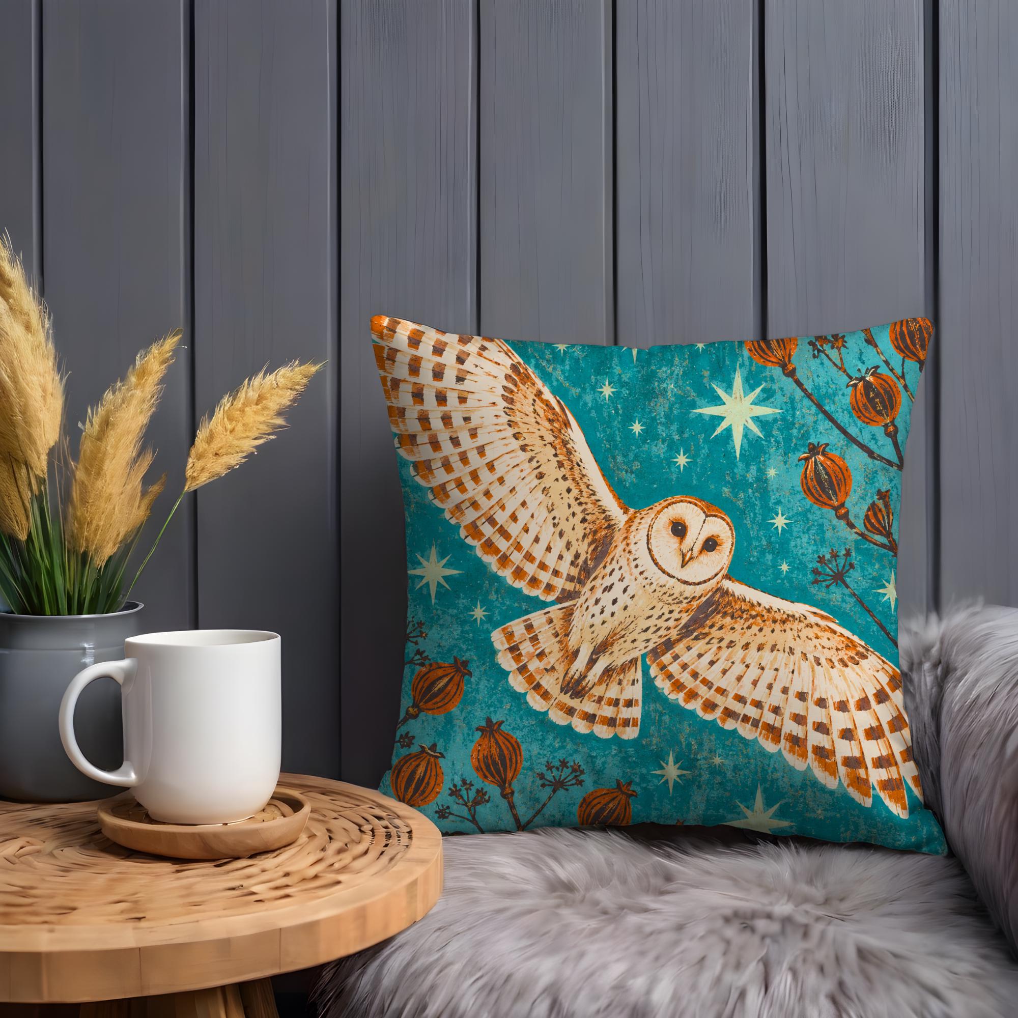 Starlit Barn Owl and Poppy Pods Pillow Cover - Image 3