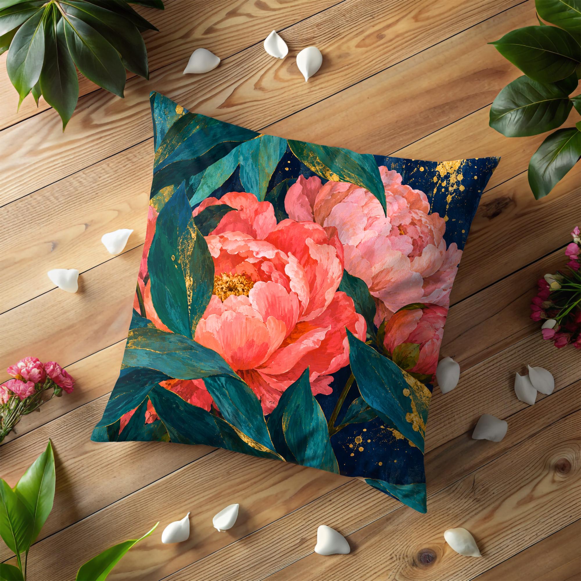 Coral Peony Garden Pillow Cover