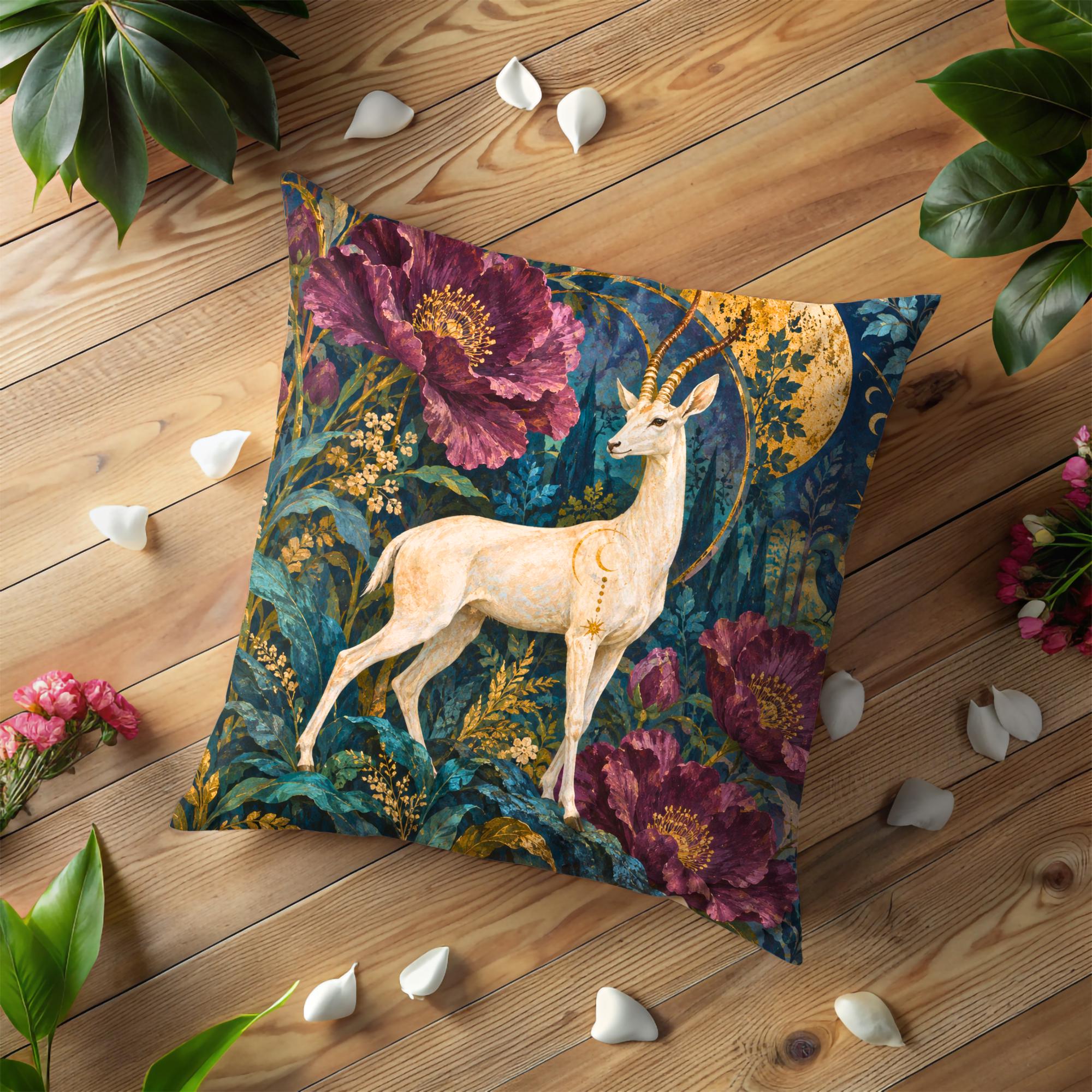 Moonlit White Gazelle and Burgundy Peony Pillow Cover