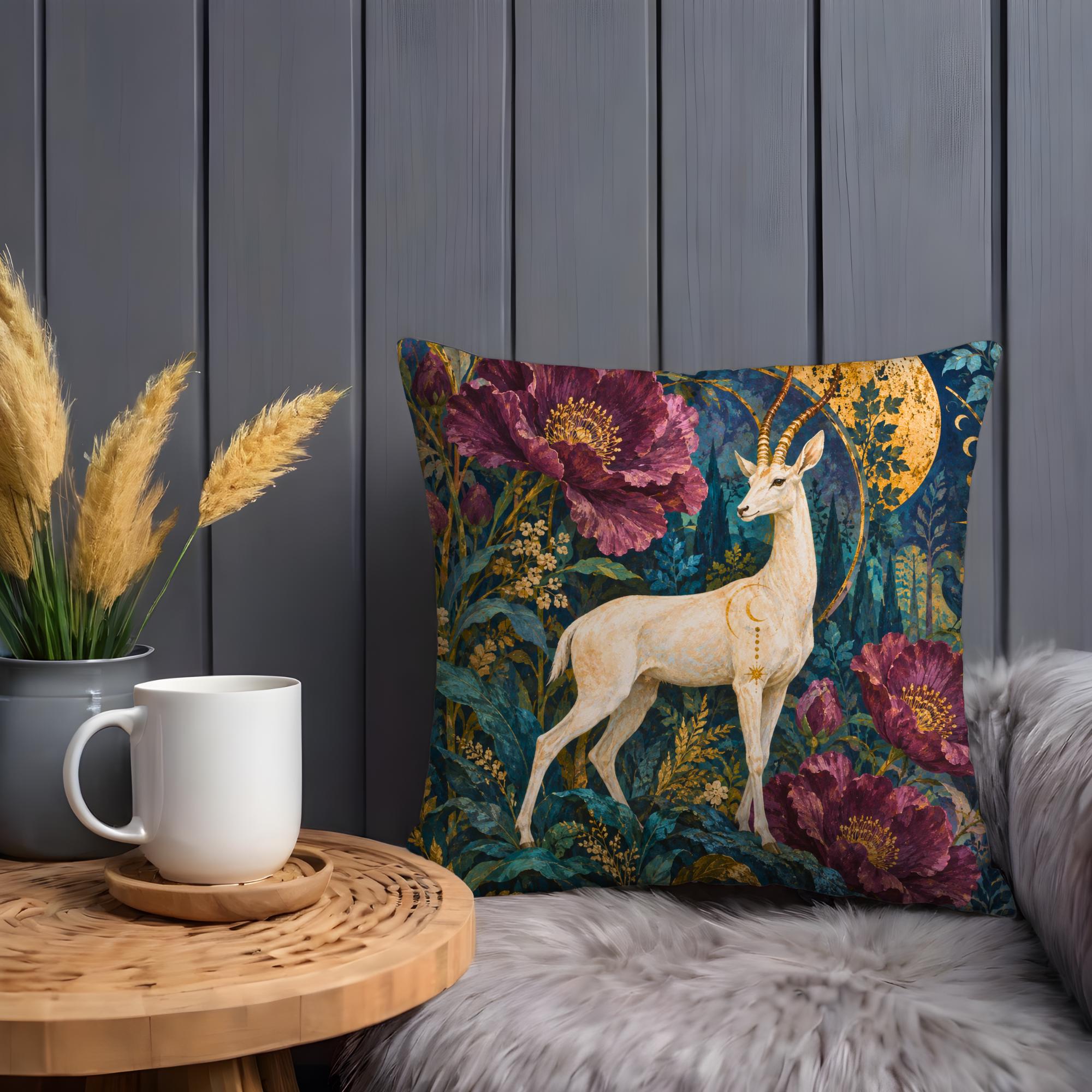 Moonlit White Gazelle and Burgundy Peony Pillow Cover - Image 3
